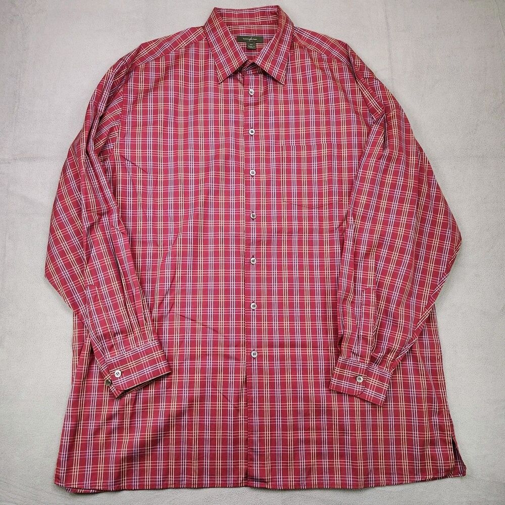 Ermenegildo Zegna Button Down Shirt Mens 2XLT Red Plaid Long Sleeve Cotton Italy